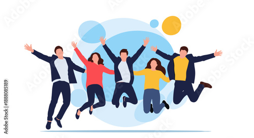 Group of five happy friends jumping high in the air with arms outstretched against a blue background to celebrate success and freedom.