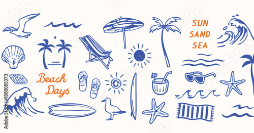 Hand-drawn beach-themed vector set with summer doodles like waves, palm trees, shells, crabs, sunglasses, and surfboards. Perfect for vacation designs, t-shirt prints, and tropical projects