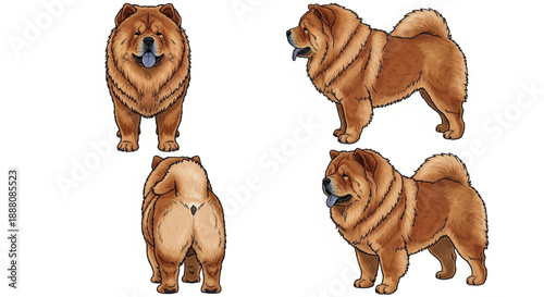 Comprehensive Chow Chow Dog Vector Illustration Set: Four Views of Fluffy Red-Brown Purebred Dog with Blue Tongue Isolated on White Background.