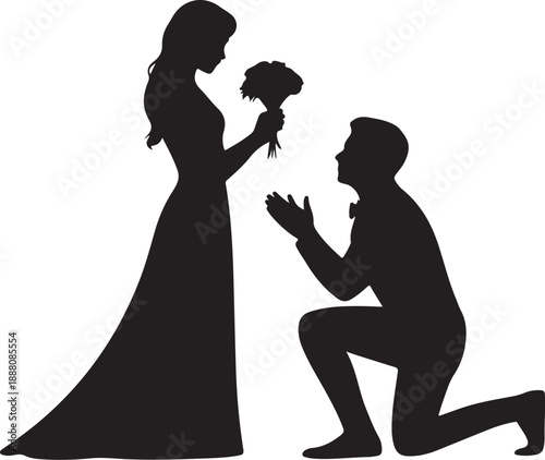 Silhouette of man proposing with ring to woman holding bouquet