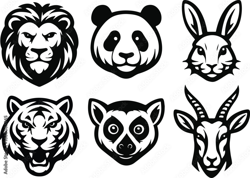 Obraz premium A collection of six distinct animal head illustrations in a bold black and white style