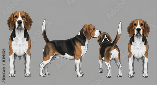 Detailed Beagle Dog Conformation Views Vector Illustration: Front, Profile, and Rear Perspective Drawing on Gray Background, Perfect for Veterinary Education and Breed Standards.