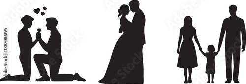 Silhouettes of couple proposing, wedding, and family with child