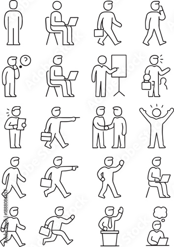 Businessman Different Pose Outline vectors set in Black and white with transparent background vectors