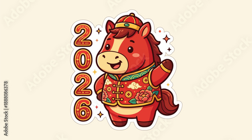 Cute cartoon red horse in traditional Chinese attire with '2026' for the Year of the Horse zodiac celebration sticker illustration.