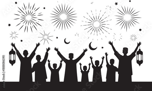 Silhouettes of people celebrating under fireworks and crescent moons