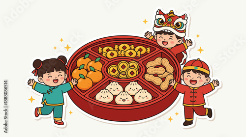 Three joyful children celebrating Chinese New Year with a traditional tray of togetherness filled with festive snacks and treats.