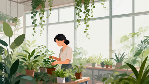 Woman tending to plants in a bright room