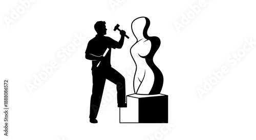 Sculptor creating abstract art, figurine on pedestal, studio environment, side view