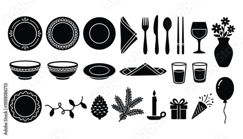 Collection of dining and celebration tableware icons on a transparent background