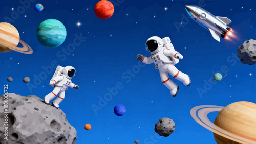 Astronauts in space with planets and rocket