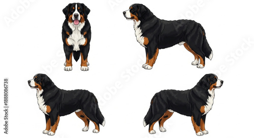 Bernese Mountain Dog Vector Illustration Set: Detailed Cartoon Style Art of Berner Sennenhund Poses – Perfect for Pet Lovers, Breed Guides, and Graphic Design Projects Isolated on White Background