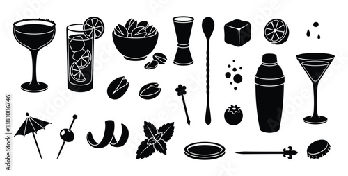 Assortment of cocktail ingredients and bar tools on a transparent background