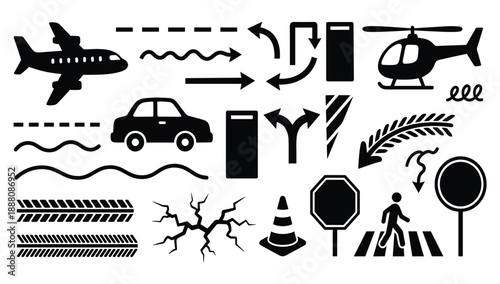 Transportation icons airplane helicopter car road signs and traffic cones on transparent background vector