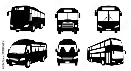 Collection of various vehicle silhouettes including buses and vans displayed from multiple viewpoints and angles