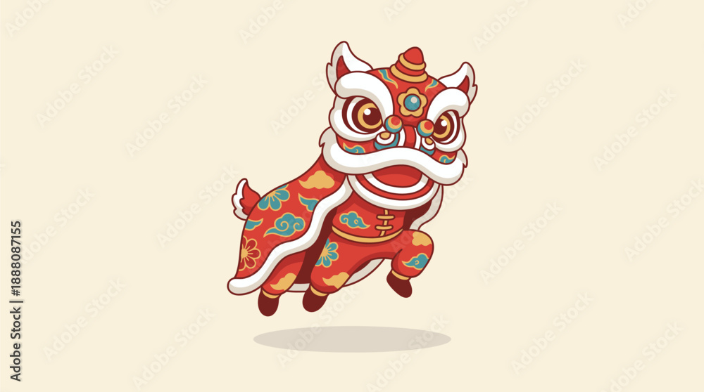 Fototapeta premium Cute cartoon Chinese lion dance illustration in a dynamic pose, celebrating traditional culture and festive events.