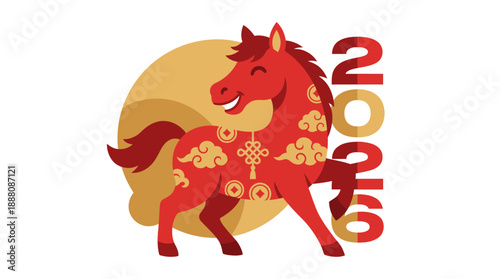 A vibrant red horse adorned with traditional Chinese patterns and golden clouds, celebrating the Year of the Horse 2016 against a golden circular background.