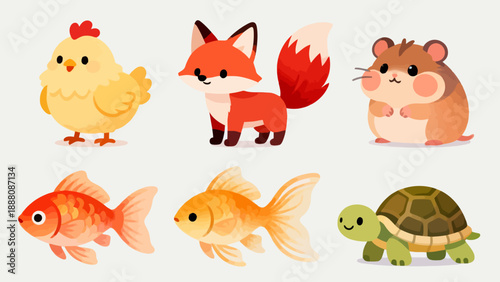 Cute cartoon animals and fish