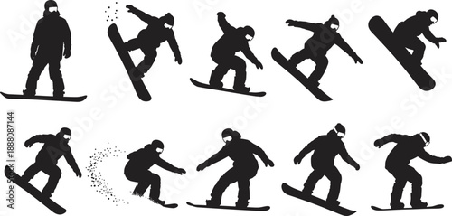 Black silhouette illustration of snowboarder performing dynamic tricks and aerial maneuvers, symbolizing winter sports, athletic motion, extreme adventure, snowboarding lifestyle, and artistic 