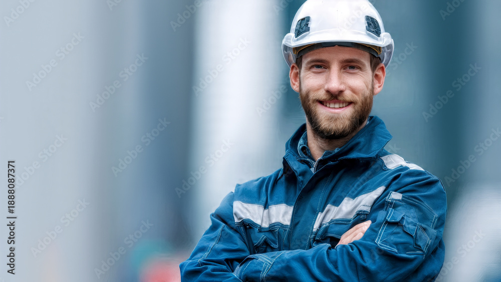 Naklejka premium An electrical network worker in work uniform and helmet.