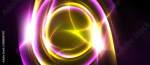 Bright abstract swirls, vibrant yellow, purple hues. Dynamic energy radiates from central glow. Modern digital art composition.