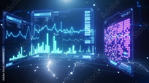 Holographic market analytics dashboard with fluctuating statistics. Digital interface showing financial growth patterns.