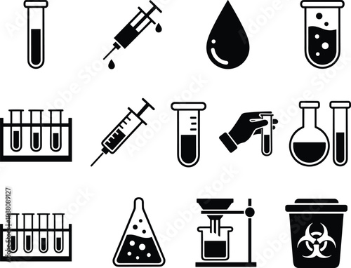 Medical and Laboratory Icon Set Featuring Syringes, Test Tubes, Blood Drops, Chemical Flasks, and Biohazard Symbols for Healthcare, Science, and Research Design Use