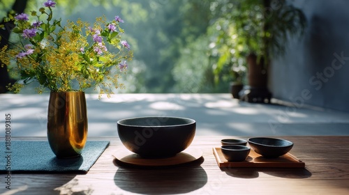 Serene Ceremony Setup with Flowers and Tableware for Branding Scene