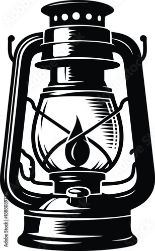 Vintage kerosene lantern classic oil lamp with flame retro lighting symbol for camping and adventure isolated on white background