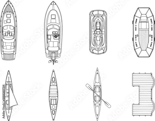 A top-down view of a collection of watercraft, rendered in a crisp, clean, black-and-white style. The image highlights a variety of boats from yachts to kayaks.