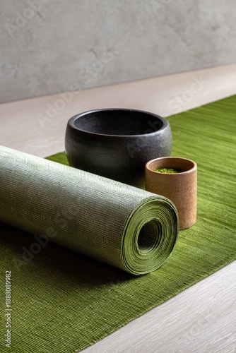 Serene Yoga Setting with Linen Mat and Natural Accessories