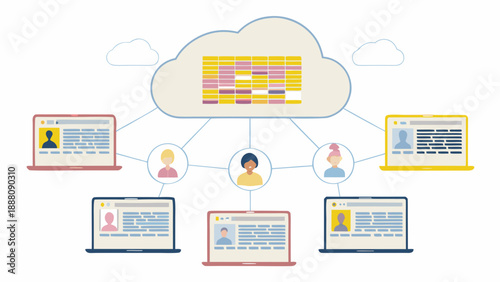 People connected through cloud based network on laptops