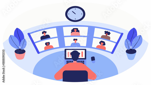 Remote worker on video call with multiple colleagues online