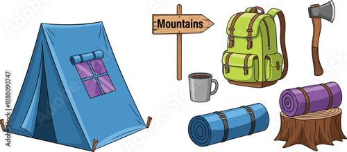 Camping gear and outdoor icons set, tent with window, backpack, axe, sleeping bag rolls, camp mug, wooden signpost, stump, rolled mats, adventure illustration collection
