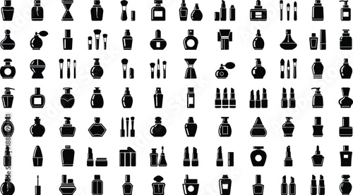 Cosmetics and beauty product icons set, perfume bottles, makeup containers, lipstick and brushes, skincare packaging silhouettes, cosmetic industry vector collection