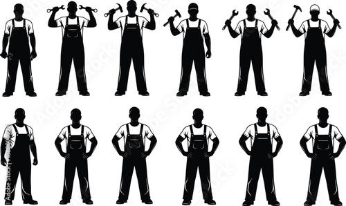 Mechanic and handyman worker silhouettes collection, repairman and technician icons with wrenches and hammers, maintenance staff vector set, industrial workmen silhouettes