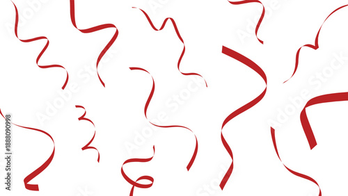 Red ribbon curl and confetti streamers set, festive decorative swirl elements, party celebration ribbons, isolated vector decoration collection