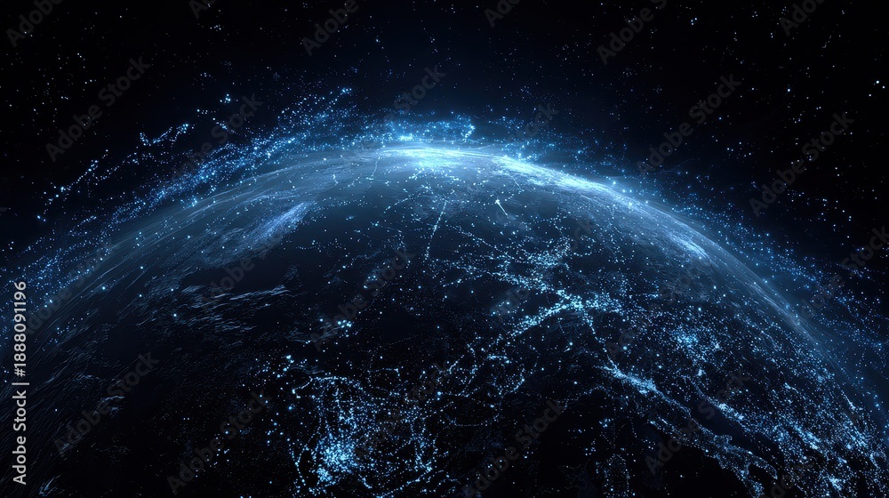 Obraz premium Earth transformed into glowing network hub, sci-fi minimal style, monochrome blue, 3D conceptual render.