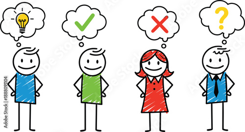 Stick figure people thinking icons set, idea light bulb, approval check mark, rejection cross and question mark, decision making concept vector illustration