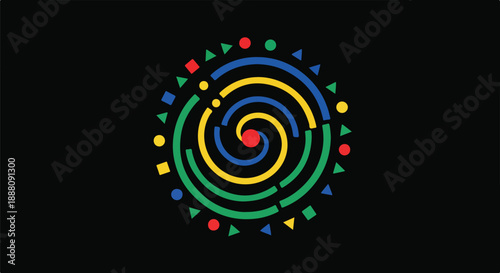 Vibrant abstract spiral icon featuring a dynamic arrangement of colorful geometric shapes, symbolizing diversity, innovation, and unity on a black background.