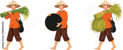 Traditional rice farmer illustration set, Asian agriculture workers carrying rice sheaves and farming tools, rural harvest scene, flat vector characters