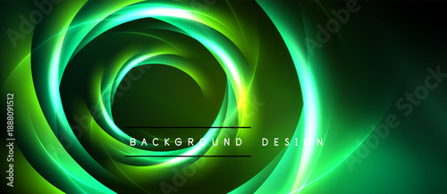 Abstract neon swirls create dynamic visual effect. Dark background emphasizes bright green, yellow energy flow. Modern design element.