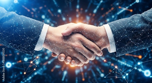 Business handshake symbolizing partnership and future technology
