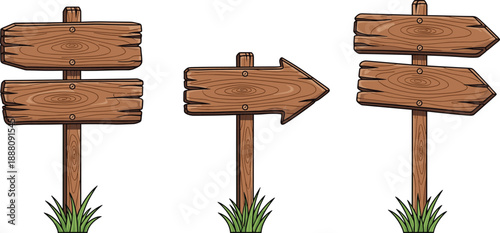Wooden signpost arrows and direction signs set, rustic trail signboards, wooden wayfinding posts, arrow pointers, rustic signage, travel and navigation vectors