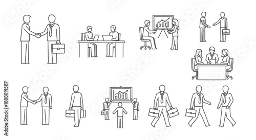 business meeting icons showing diverse corporate professionals collaborating presenting and shaking hands representing teamwork and successful partnerships.