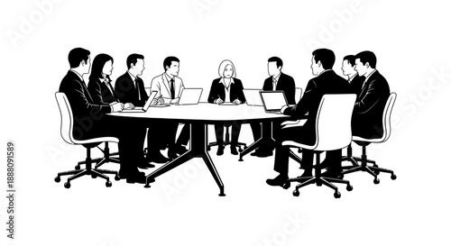 business meeting illustration featuring a diverse team of professionals collaborating around a conference table symbolizing corporate strategy and teamwork.