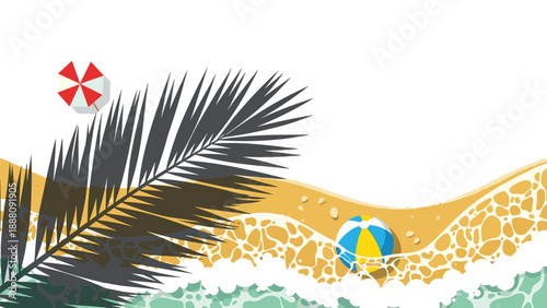 Beach scene with golden sand, crashing waves, a beach ball, and a colorful umbrella, tropical vacation vibes, summer leisure.