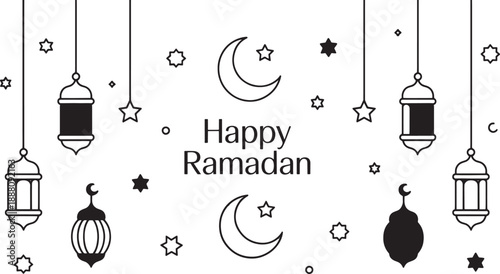 Adobe Illustrator Artwork "Happy Ramadan Illustration with Lanterns and Crescent Moons"