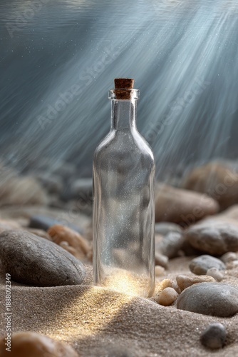 Glass bottle reflecting sunlight underwater surrounded by pebbles