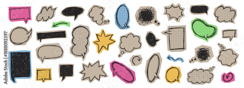 Collage dialogue bubbles. Grunge crayon textured speech and thought clouds for scrapbook planner design, messy conversation balloons and boxes doodle vector illustration set
